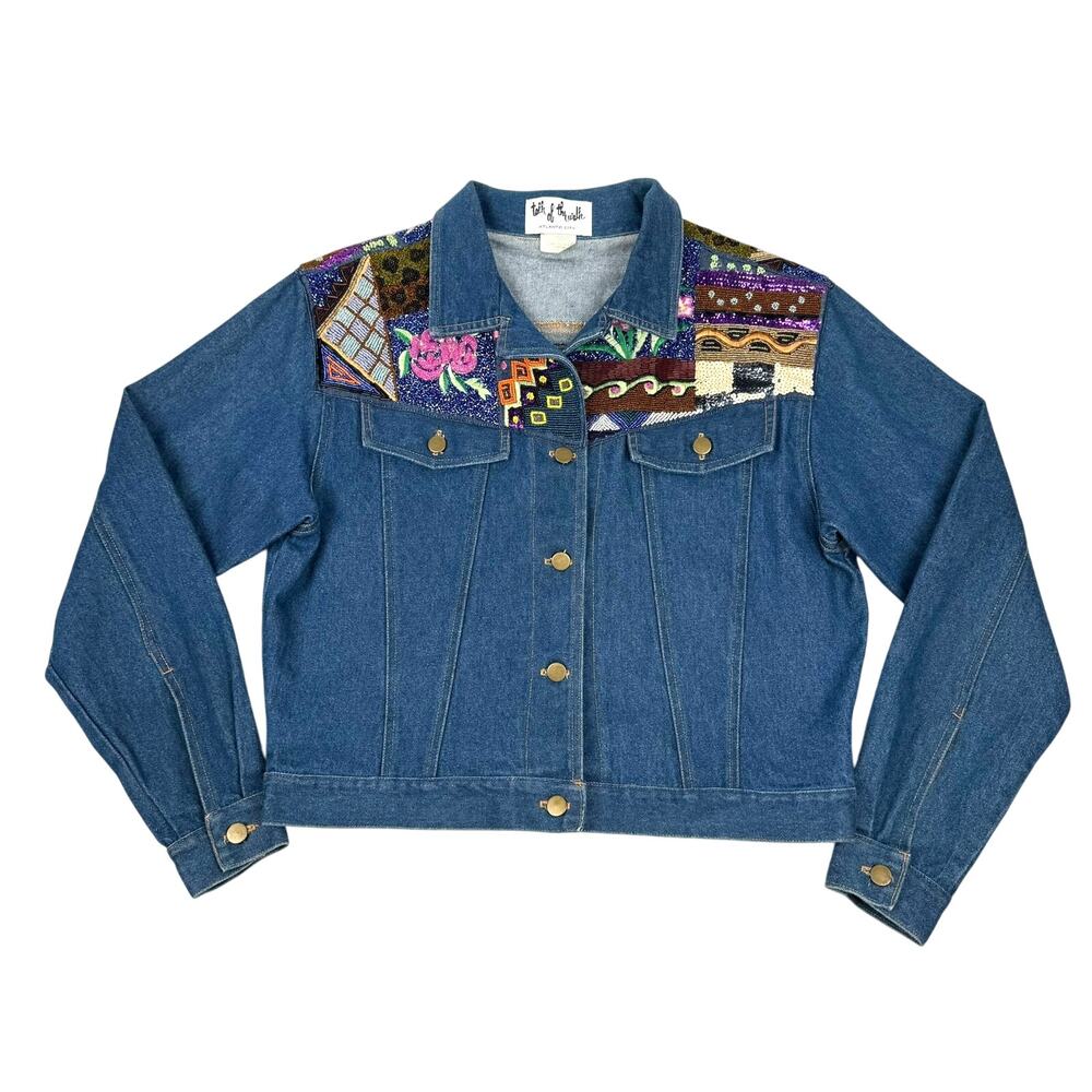 Talk of the Walk Embroidered Beaded Denim Trucker Jean Jacket Embellished USA L